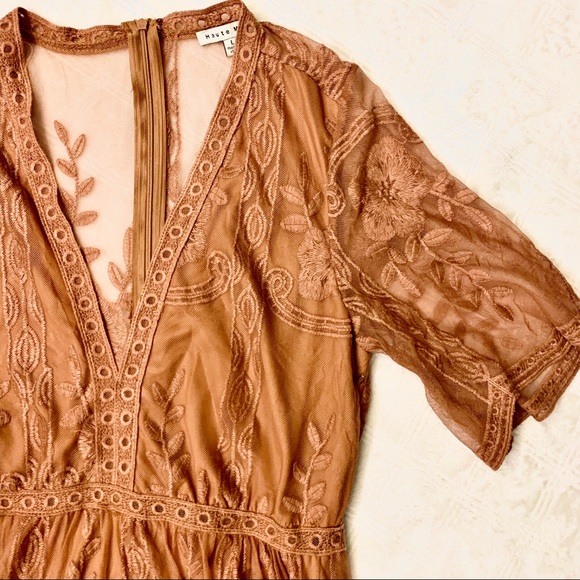 Haute Monde Dresses & Skirts - Haute Monde Boho orange lace sheer back dress